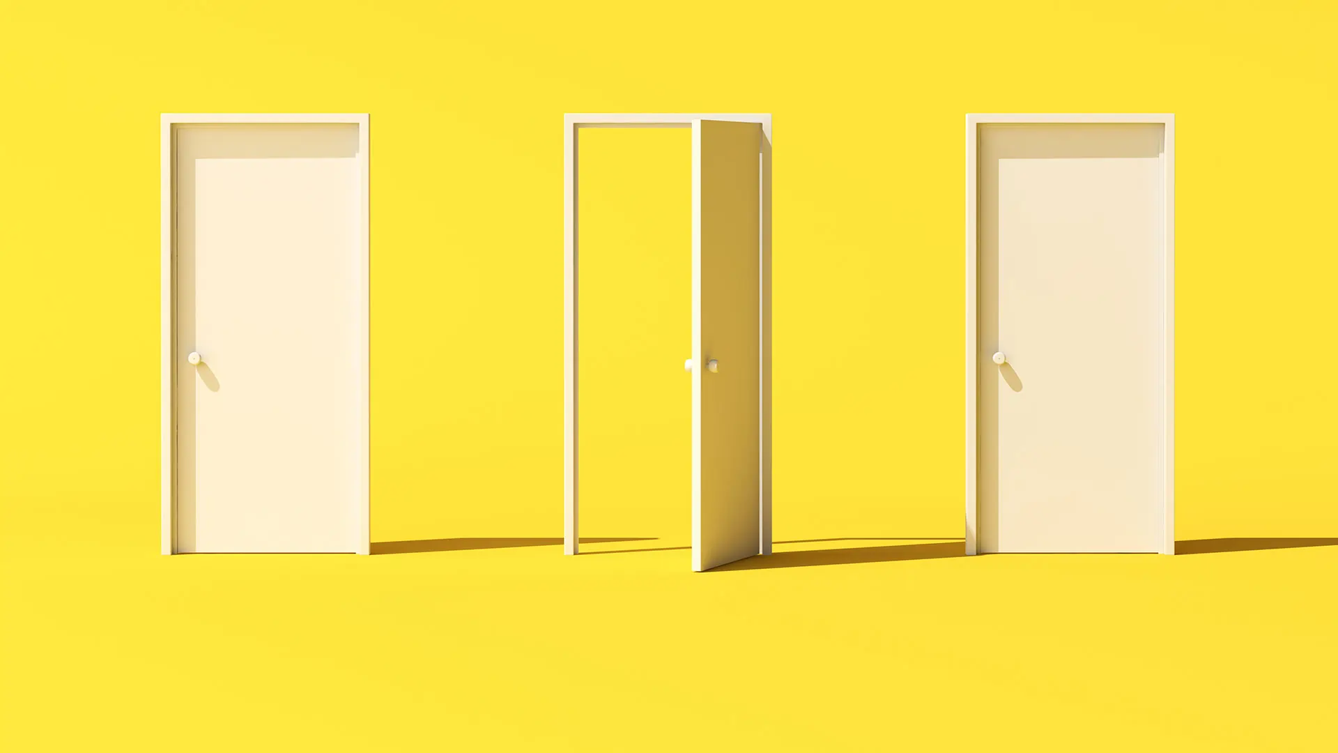 two closed doors and one open door on yellow background