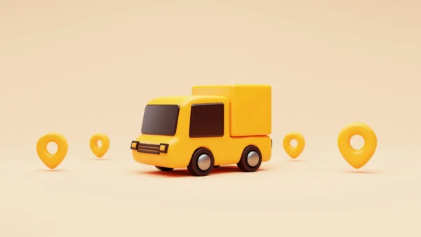 3d render image of yellow truck on yellow background with location pins floating