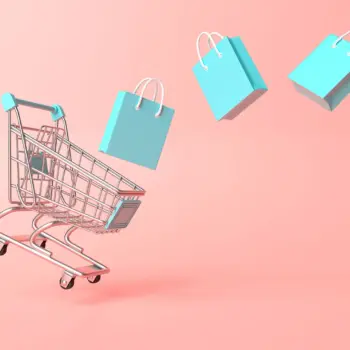 Shopping cart and bags on pink background.