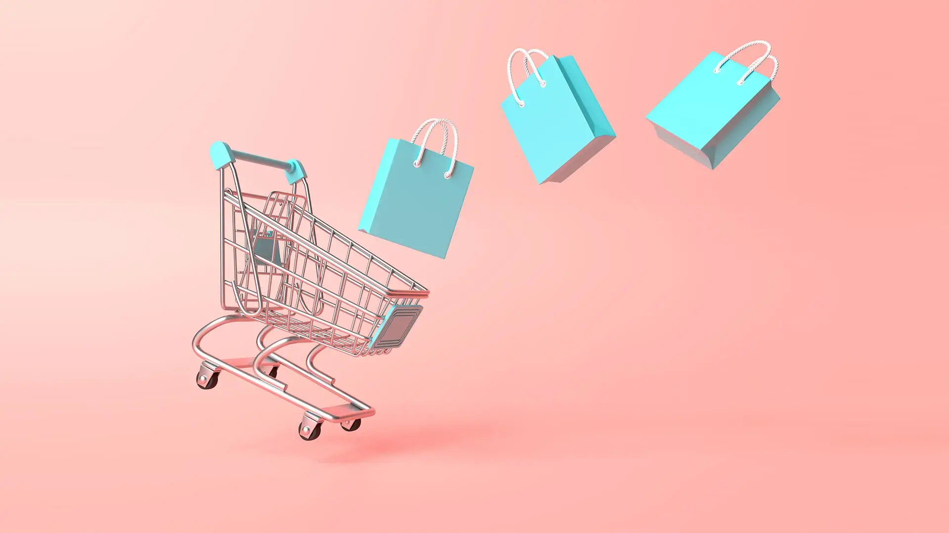 Shopping cart and bags on pink background.
