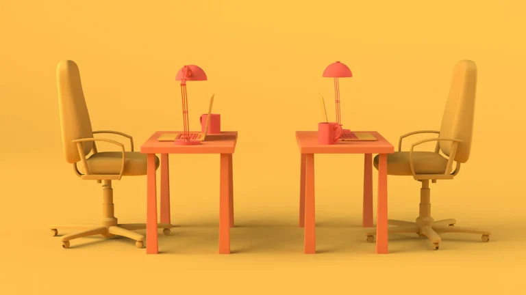 3d rendered image of two work desks and two office chairs