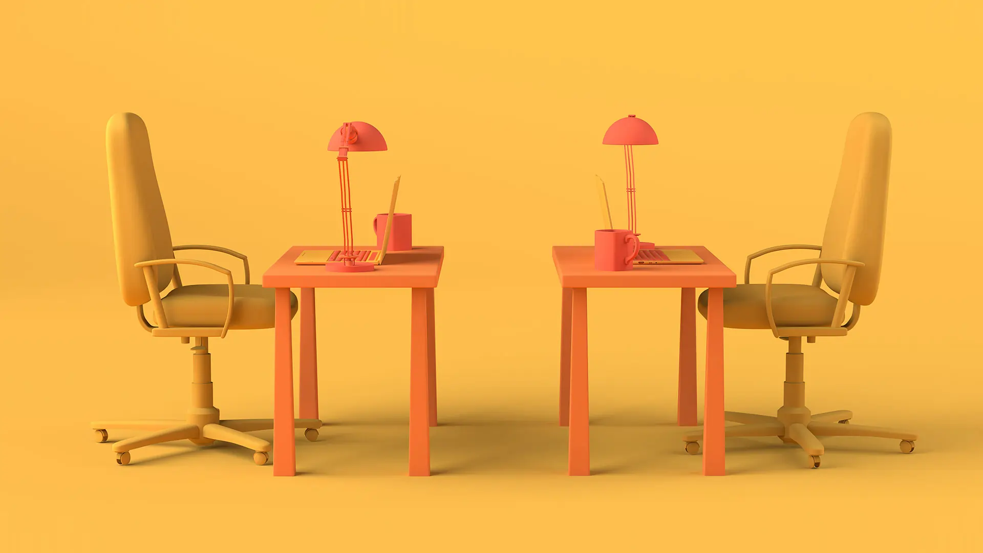3d rendered image of two work desks and two office chairs