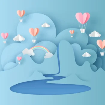 cut paper image of heart shaped hot air balloons over water flowing into puddle