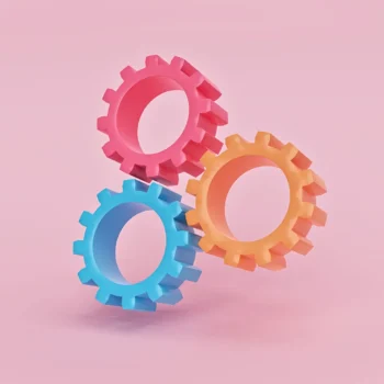 3d render of three gears on pink background