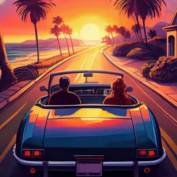 illustration of couple in open top car driving down palm tree lined street on the coast