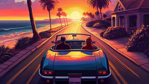 illustration of couple in open top car driving down palm tree lined street on the coast