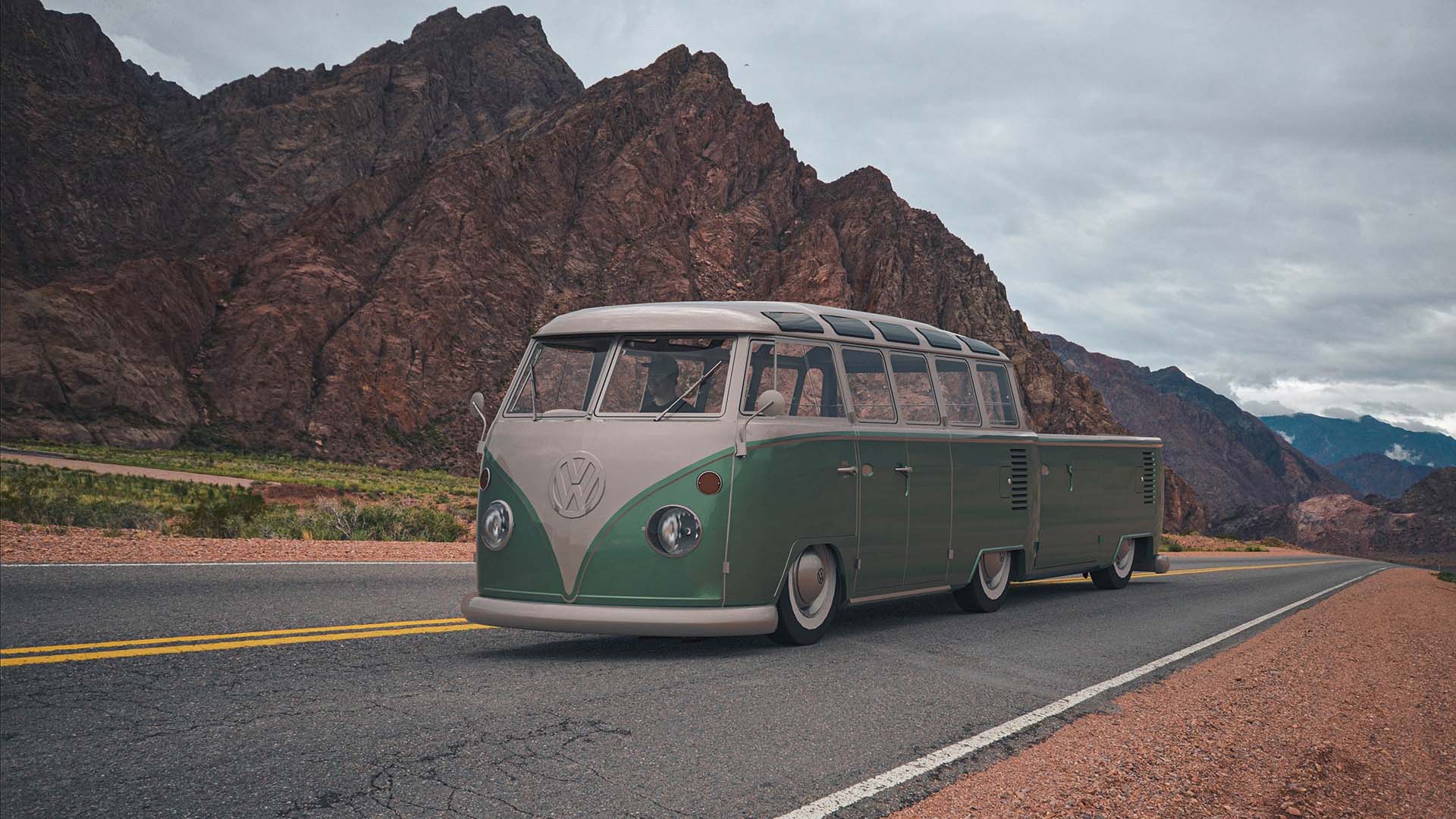 Green volkswagen on road in desert
