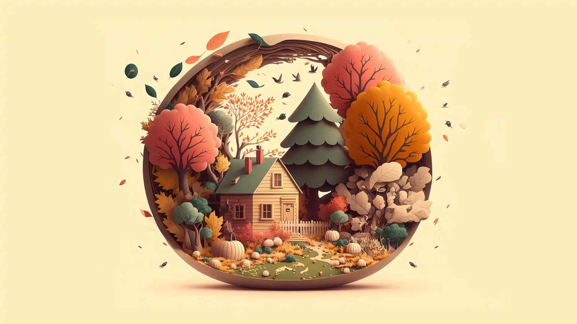 3d render image of house with trees in autumn colors