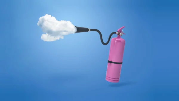 pink fire extinguisher with white cloud coming out of sprayer hose