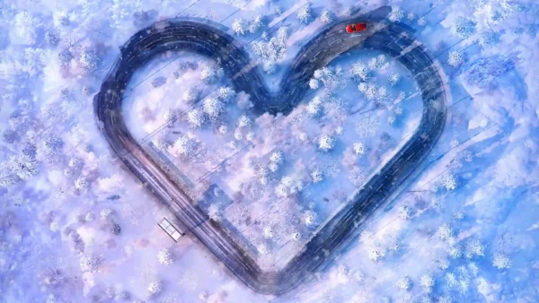illustration of red car driving on winter road shaped as a heart