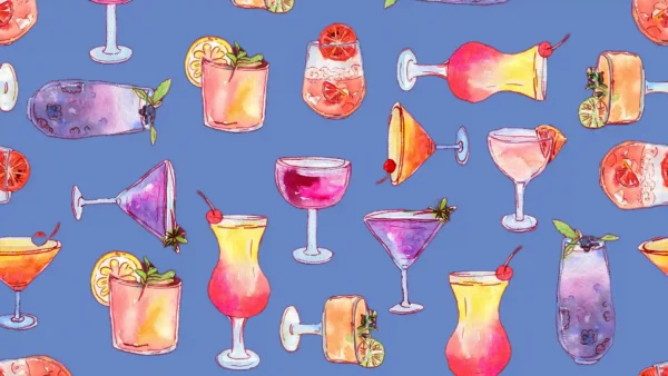 watercolor image of assorted cocktails on periwinkle background