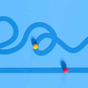 two balls on blue background going in different path patterns