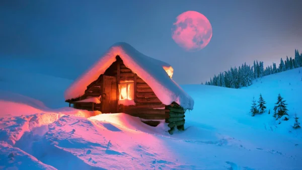 snow covered cabin with pink moon in background