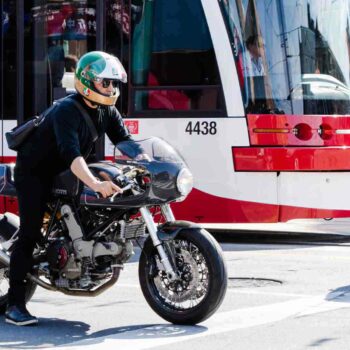 Motorcycle in busy traffic in Toronto Ontario