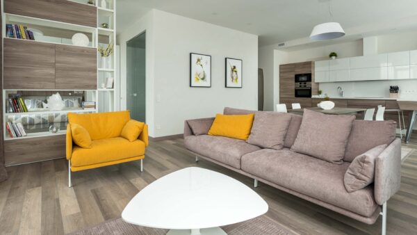 Modern and cozy apartment with couch and chairs