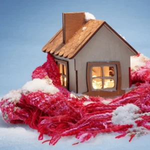 figurine house wrapped in a scarf with snow around it