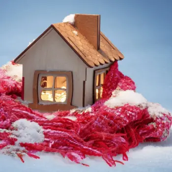 Figurine house wrapped in a scarf with snow around it.