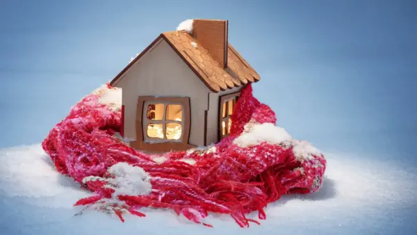 Figurine house wrapped in a scarf with snow around it.