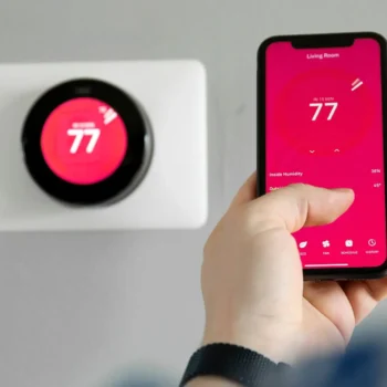 nest thermometer on wall being monitored by cell phone user on the app