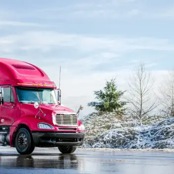 transport truck parked on the road in winter.