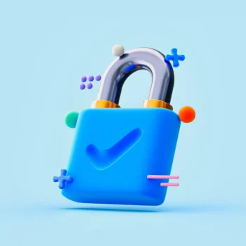 3d generated image of padlock with icons floating around it