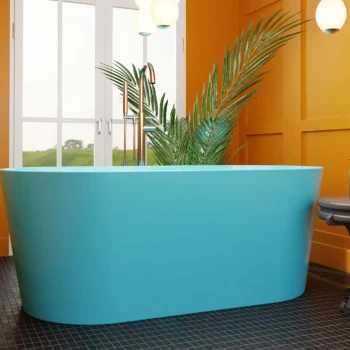 bright blue bathtub in bathroom with yellow paneled walls and palm plant in background