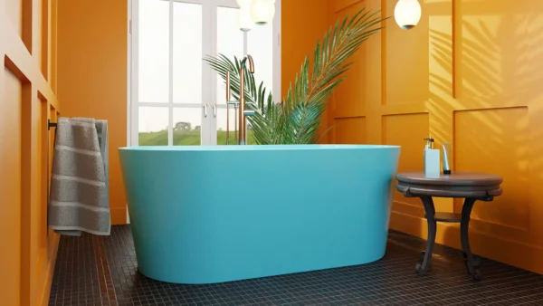 bright blue bathtub in bathroom with yellow paneled walls and palm plant in background