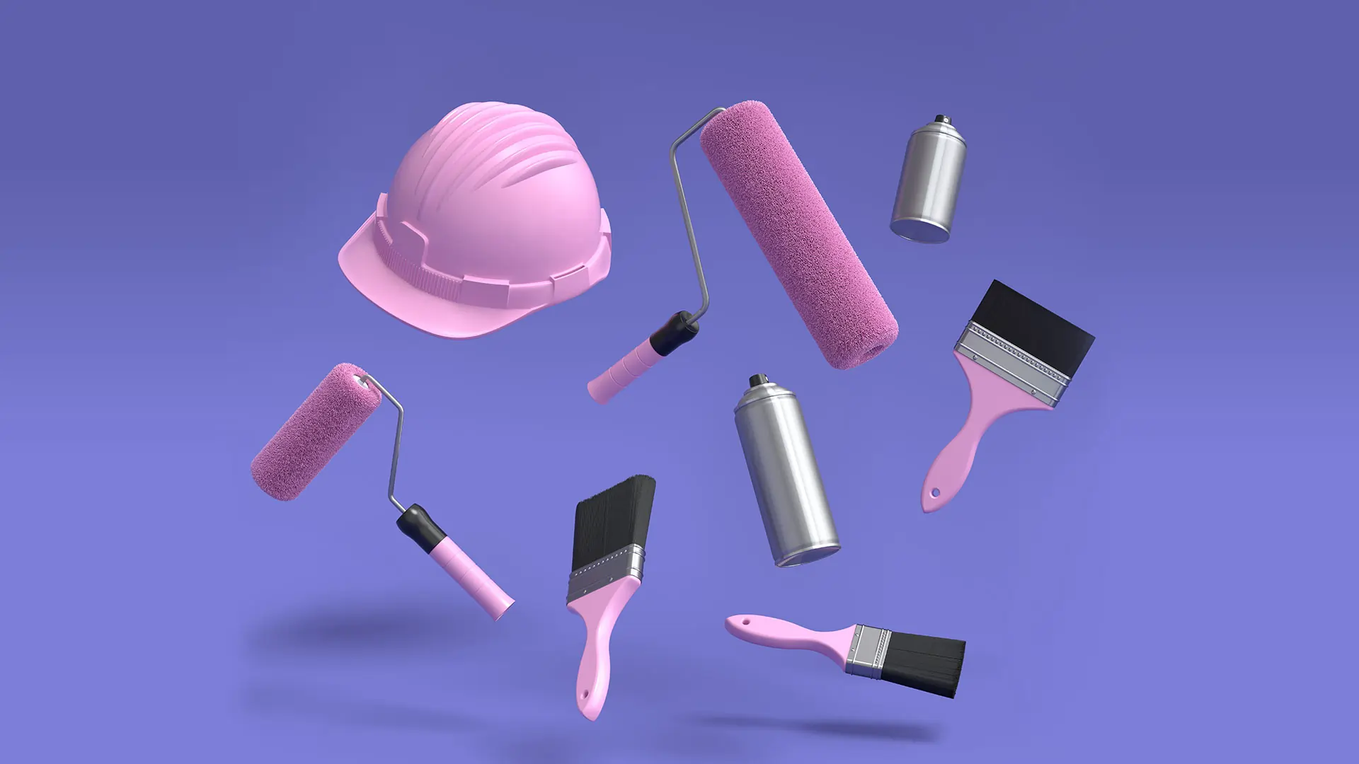 painting tools and hard hat floating on purple background