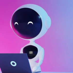 robot typing on laptop with pink purple gradient background
