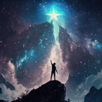 illustration of person on mountain reaching for star