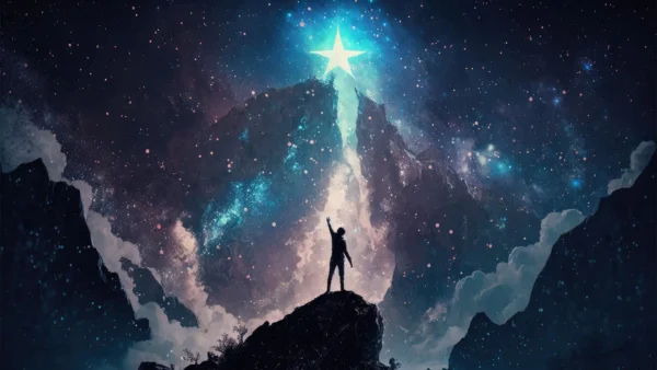 illustration of person on mountain reaching for star