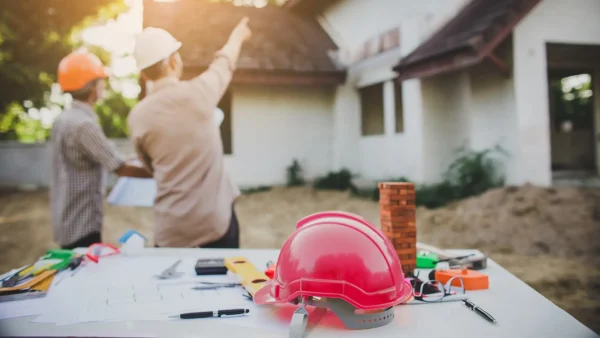 construction workers looking at house with hardhat on table