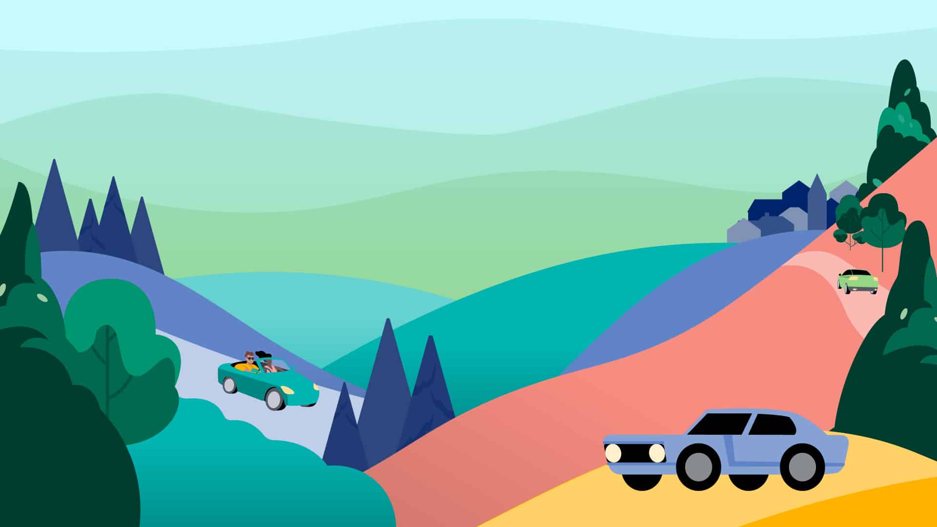 Vehicles driving in a hilly valley