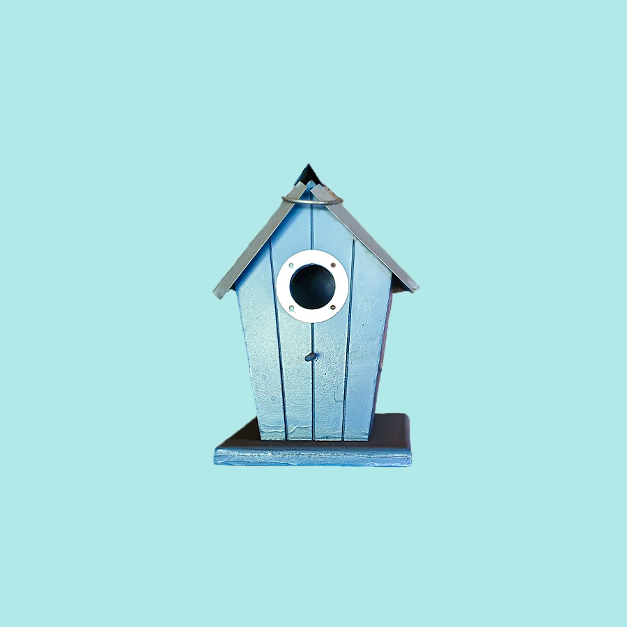 blue birdhouse on teal background