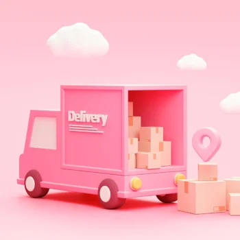 3d render image of pink delivery truck with boxes, location pinpoint and clouds