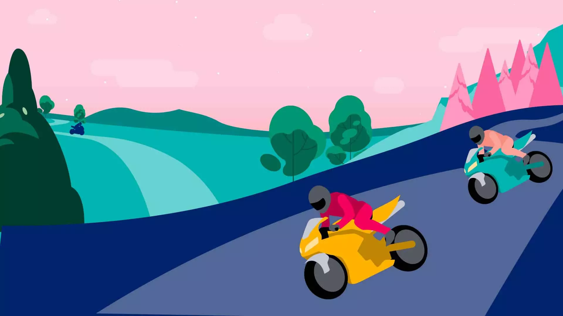 Two motorcycles riding downhill through hills