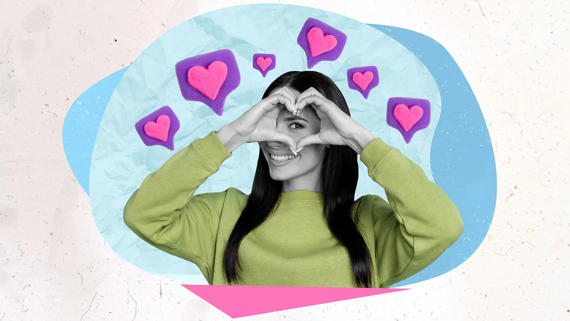 Photo creative picture 3d collage of cheerful lady demonstrate heart hands