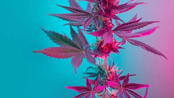 cannabis plant stem on blue background with pink light shining on plant