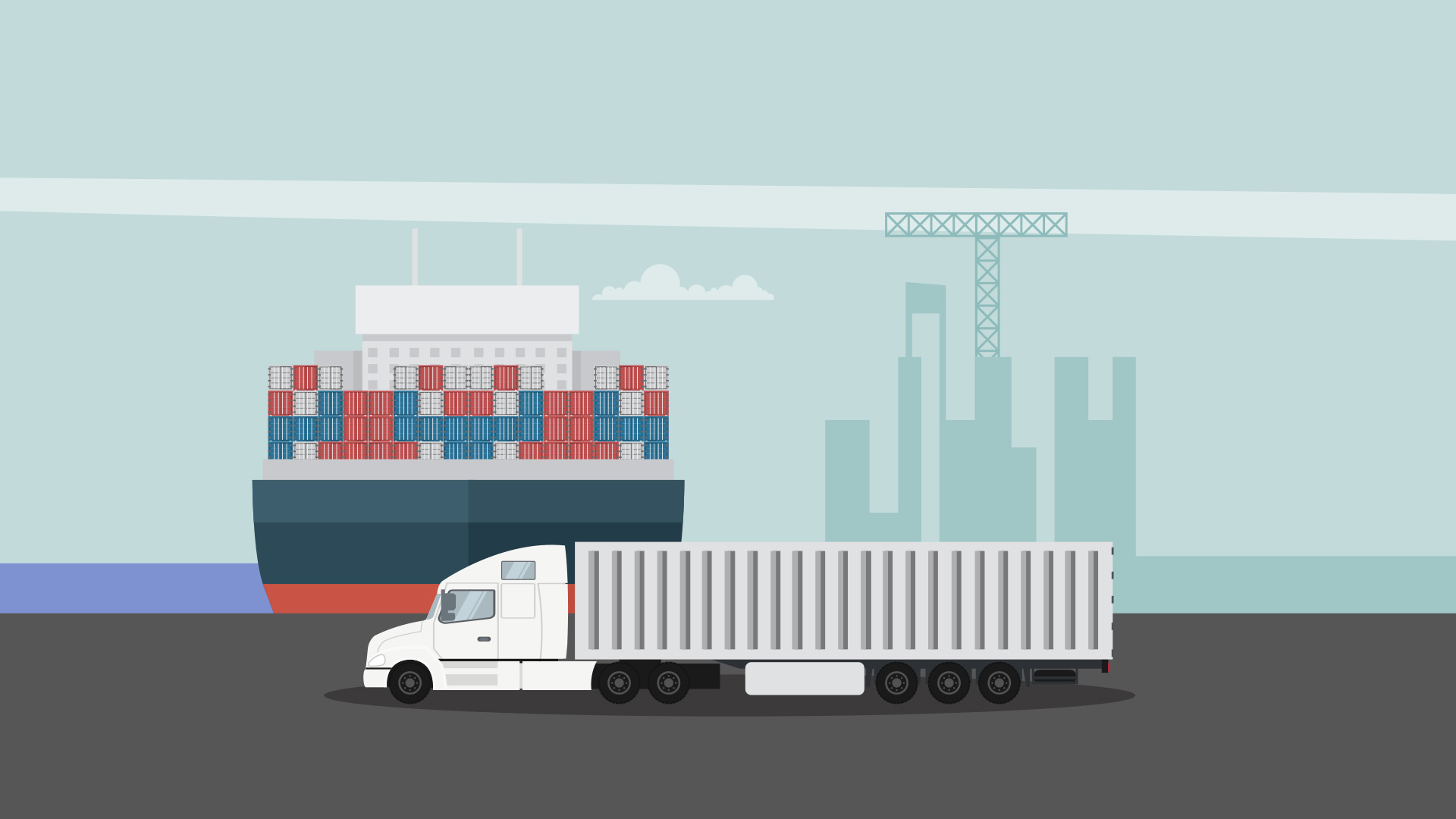 Cargo port with truck and container ship