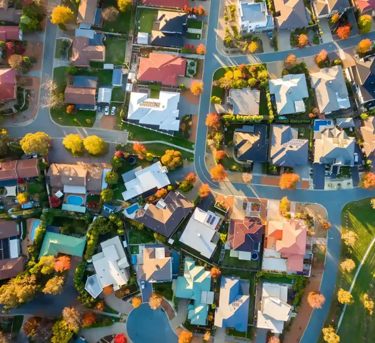 Aerial view of residential neighborhood.