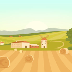 Farm landscape with bales of hay, rolling hills, and windmills