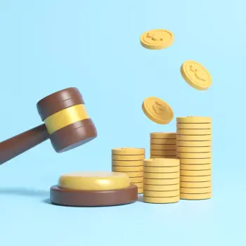 Stack of coins and judge gavel on blue background.