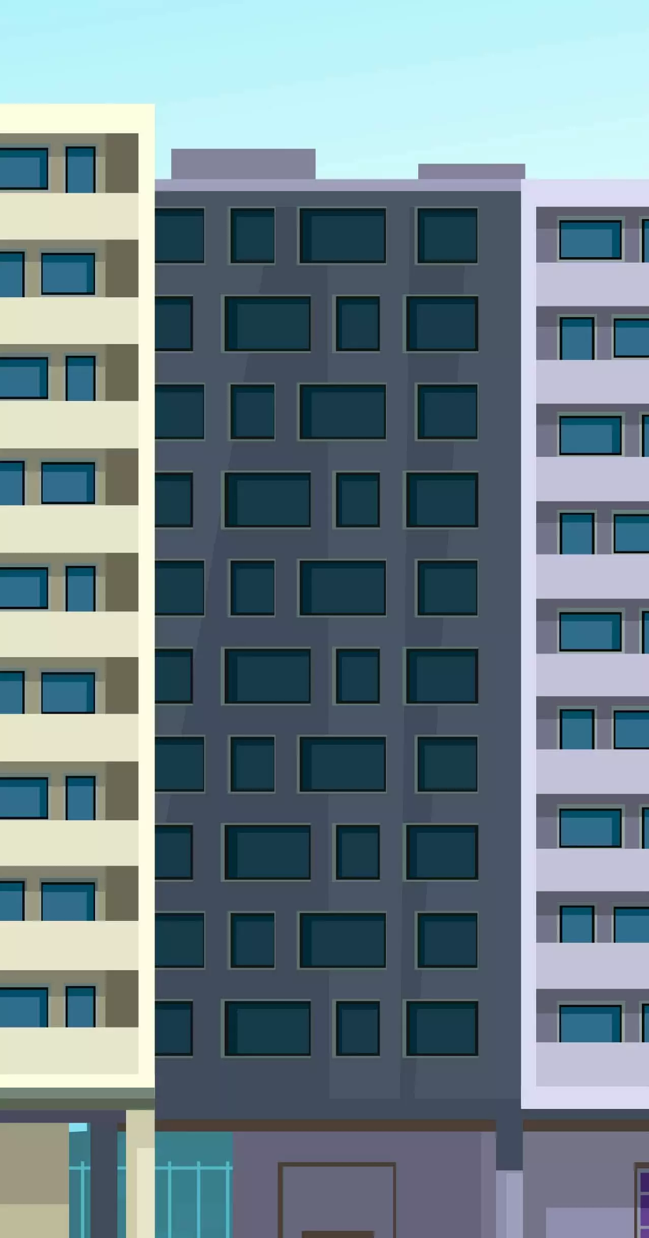 Three tall condominiums with city backdrop