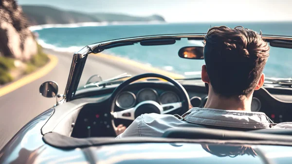 Young man driving in a convertible sports car photo from behind
