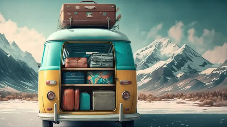 Illustration of a van full of family travel luggage on it with winter snow mountain as background.