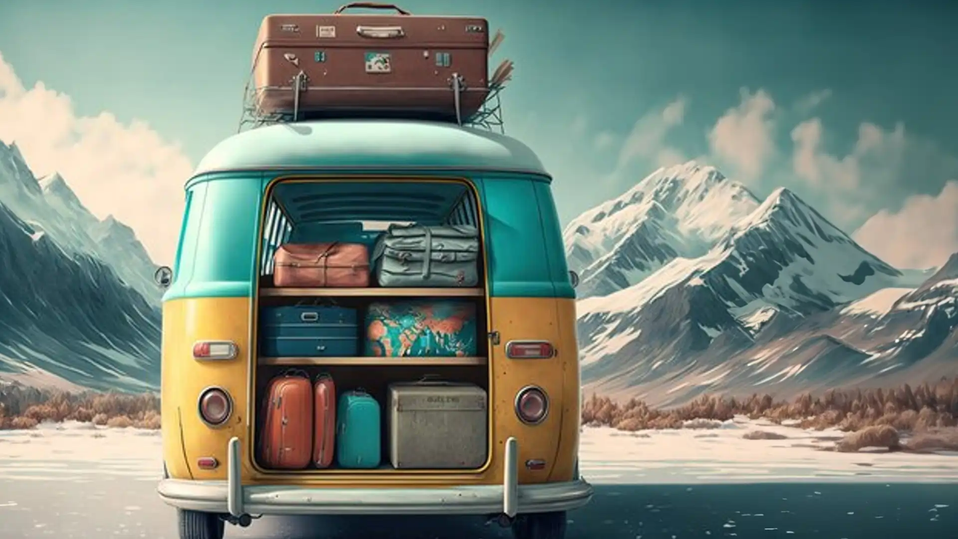 Illustration of a van full of family travel luggage on it with winter snow mountain as background.