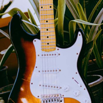 Brown and white stratocaster electric guitar
