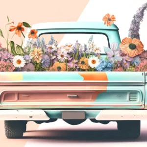 Pastel old car with flowers in truck bed