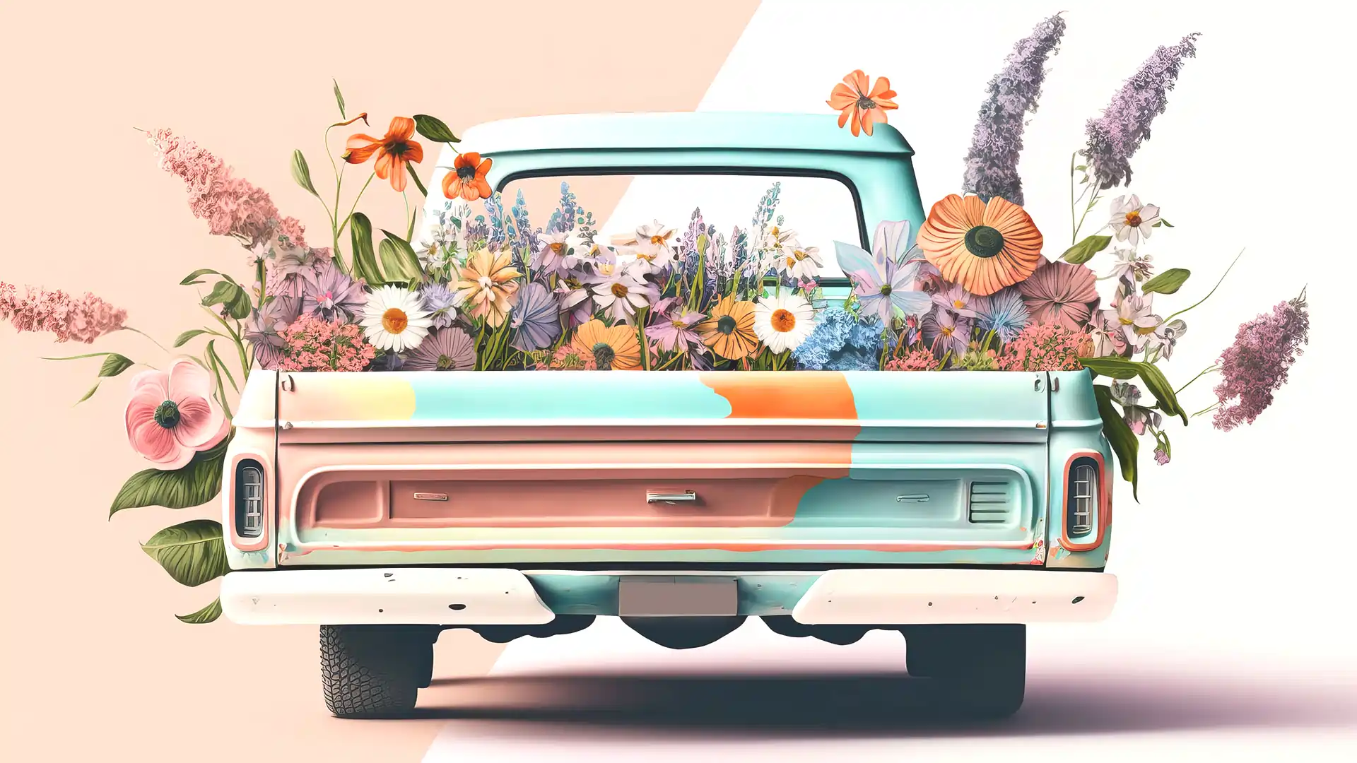 Pastel old car with flowers in truck bed