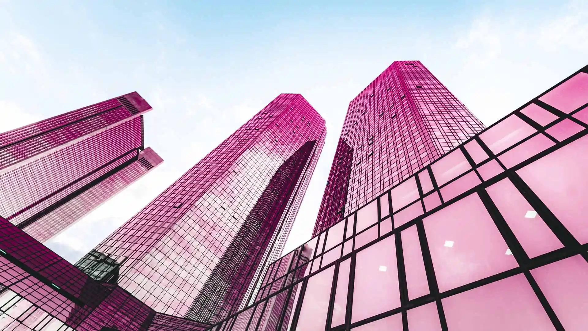 Tall pink skyscrapers.